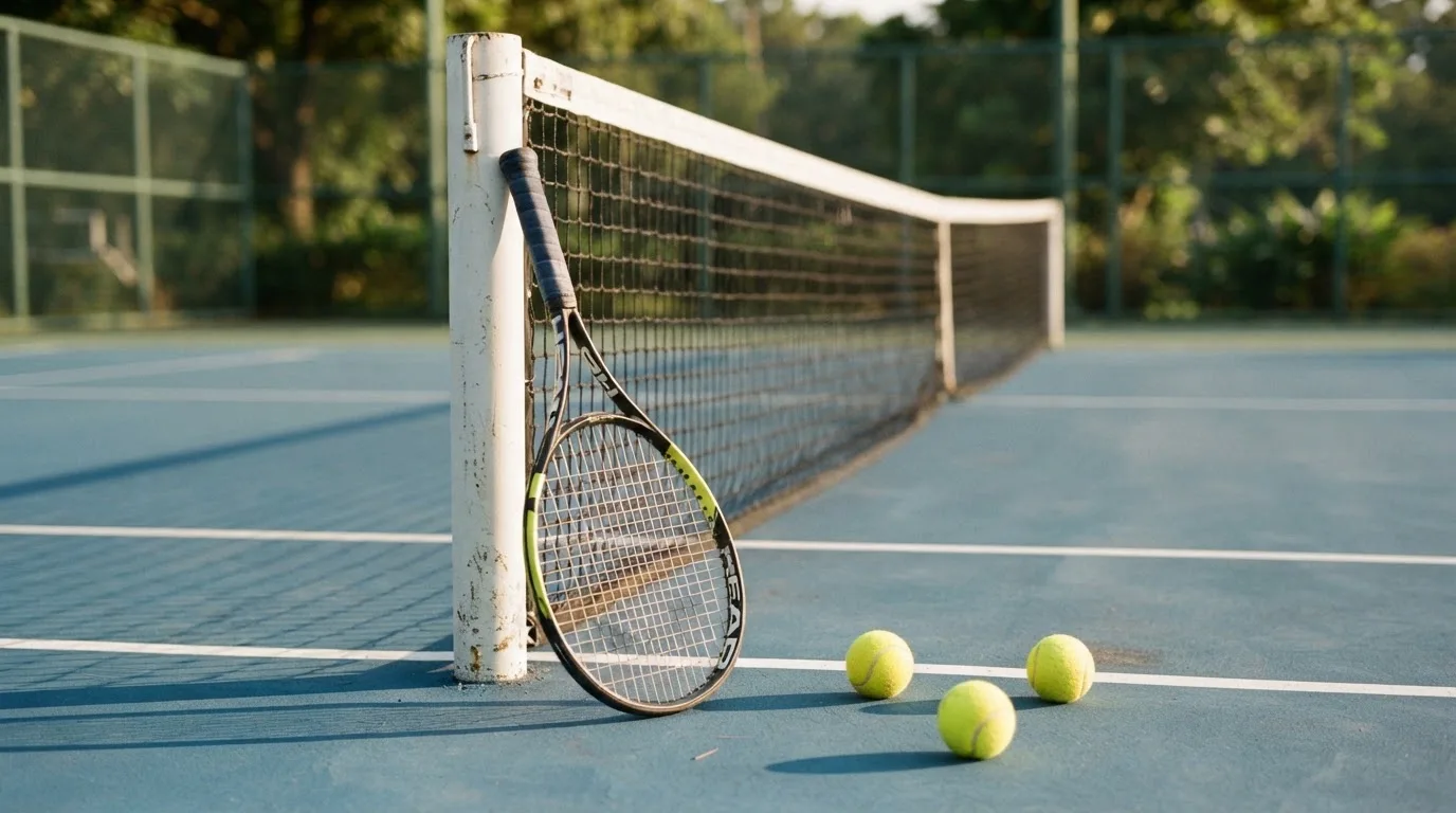 Ein Tennisschläger lehnt an einem Netzpfosten, daneben liegen drei Bälle auf einem Hartplatz in warmem Nachmittagslicht.