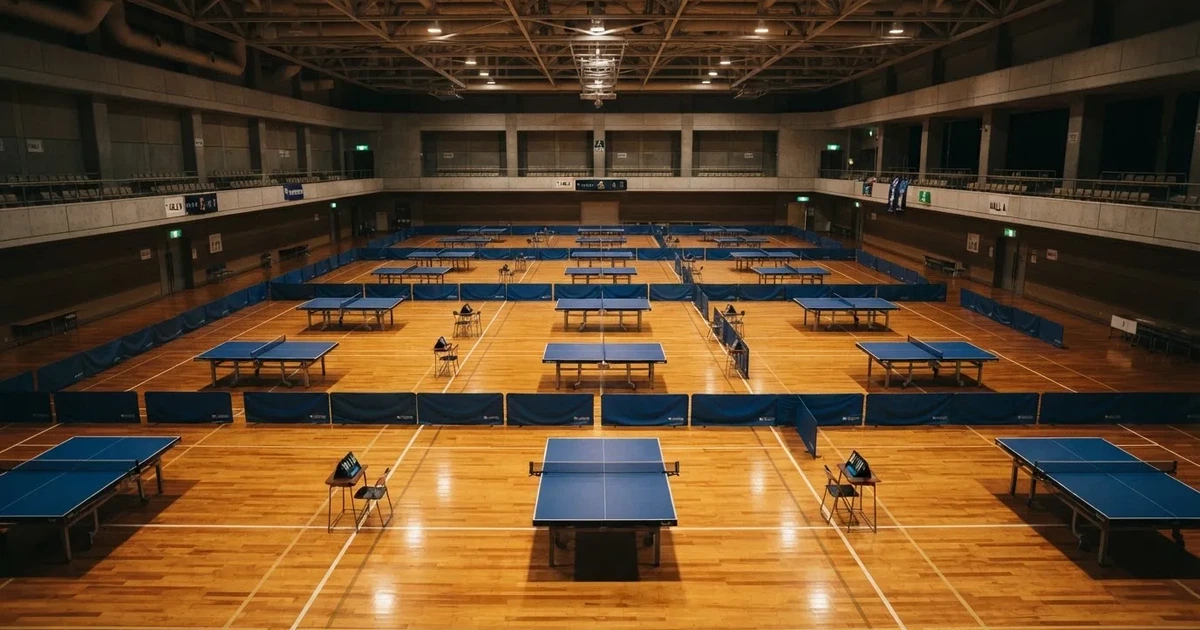 Eine Tischtennishalle aus erhöhter Perspektive mit mehreren blauen Tischen in Reihen unter gedämpftem Hallenlicht, ohne Personen.