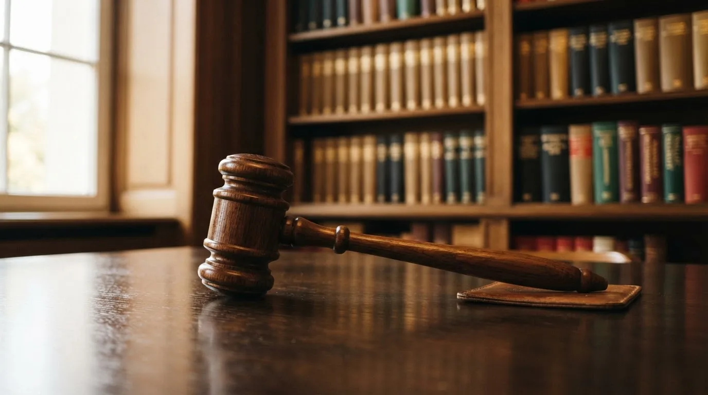 Ein Richterhammer aus Holz liegt auf einer polierten Tischplatte, dahinter eine unscharfe Bücherwand.