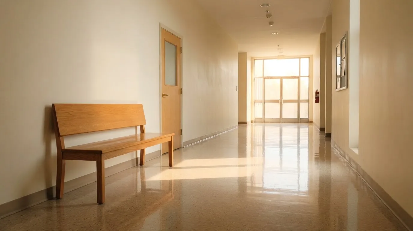 Ein heller Flur in einem Verwaltungsgebäude mit einer leeren Holzbank und einem Fenster, durch das Morgenlicht fällt.