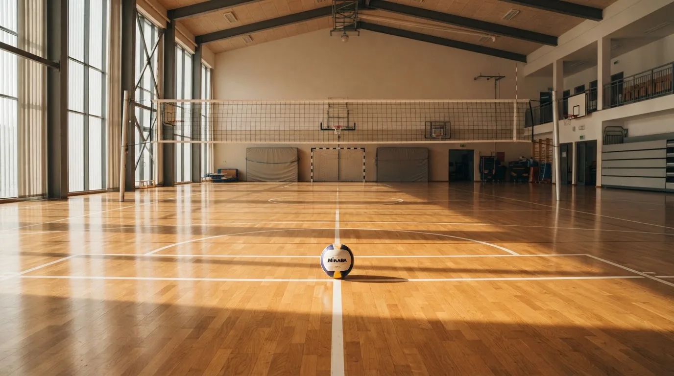 Eine leere Sporthalle mit gespanntem Volleyballnetz und glänzendem Parkett, durch hohe Fenster fällt Tageslicht.