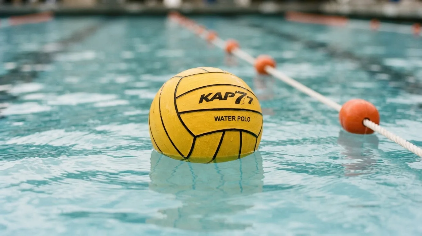 Ein gelber Wasserball treibt in Nahaufnahme auf der Wasseroberfläche neben einer Leine mit Bojen.
