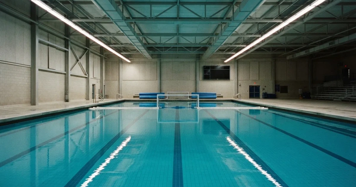 Ein Schwimmbecken mit türkisfarbenem Wasser und zwei schwimmenden Torrahmen am gegenüberliegenden Beckenrand, menschenleer unter Hallenlicht.