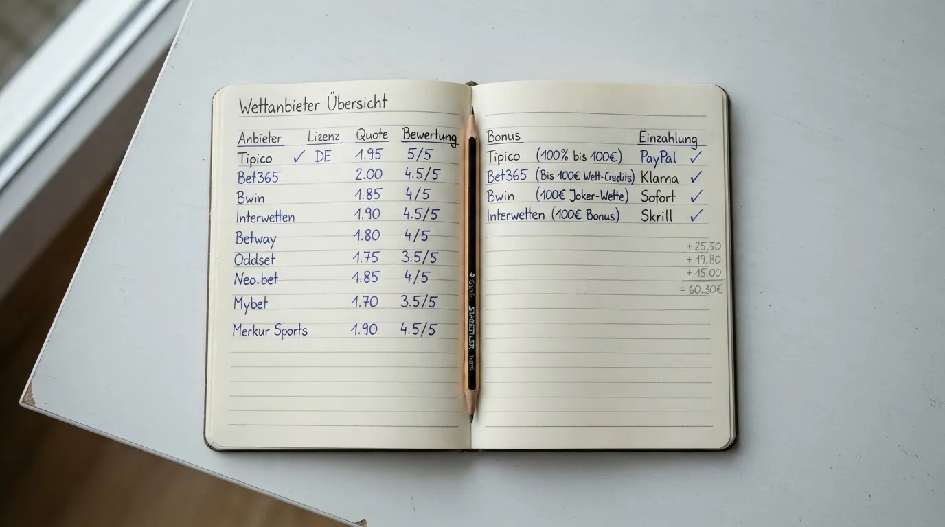 Ein Notizbuch mit handschriftlichen Spalten und einem Bleistift liegt auf einem Schreibtisch neben einem Taschenrechner.