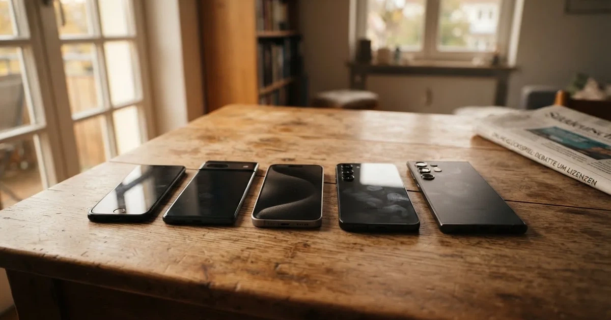 Mehrere Smartphones unterschiedlicher Größe liegen nebeneinander auf einem Holztisch, die Bildschirme sind dunkel.