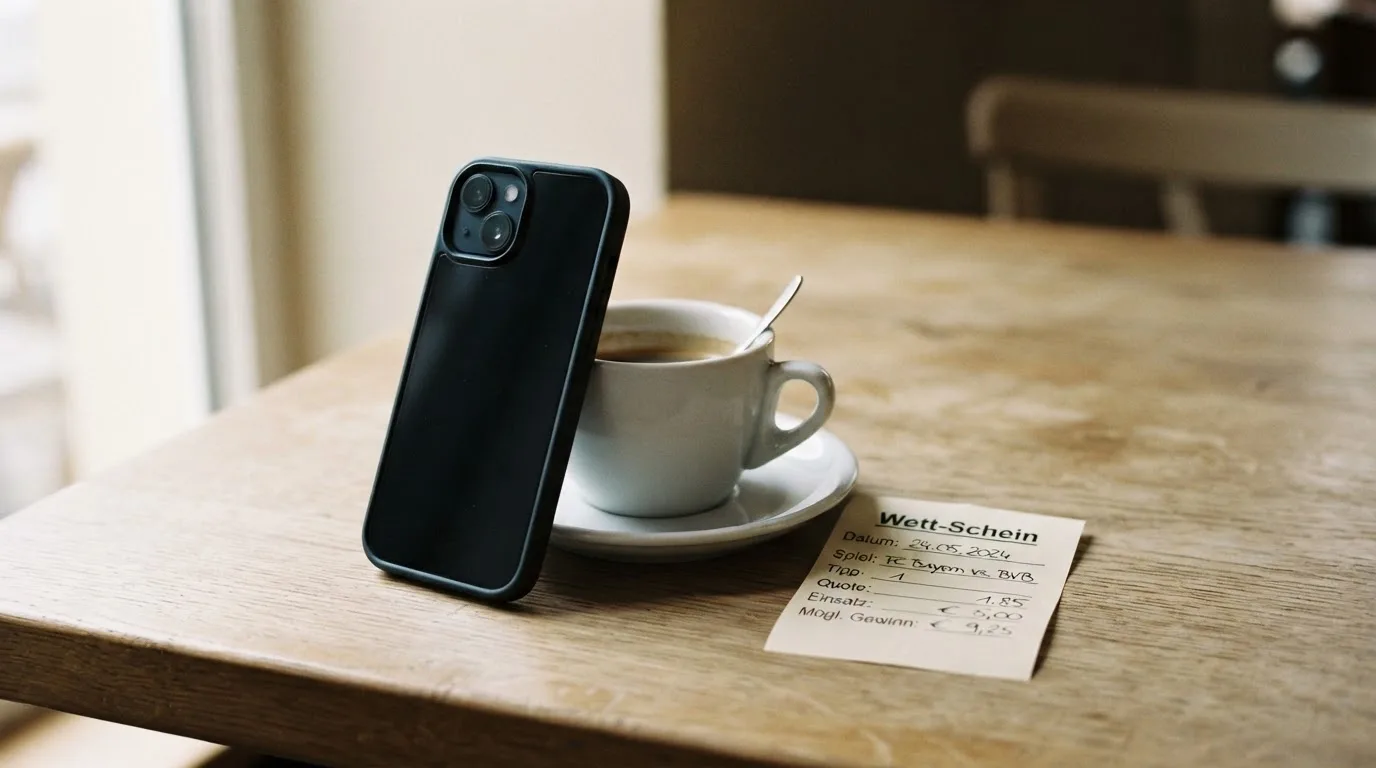 Ein Smartphone mit dunklem Bildschirm lehnt an einer Kaffeetasse auf einem Holztisch, daneben ein blanker Papier-Wettschein.