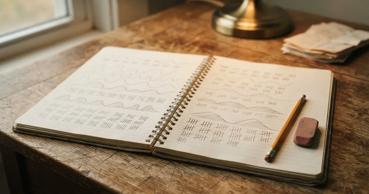 Ein Notizbuch mit handgezeichneten Kurven und Strichlisten liegt aufgeschlagen neben Bleistift und Radiergummi auf einem Schreibtisch im Tageslicht.