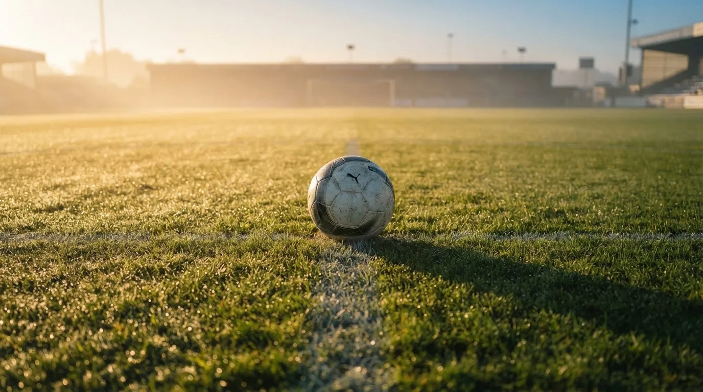 Ein Fußball liegt auf dem Anstoßpunkt eines Rasenplatzes im ersten Morgenlicht, Tau glänzt auf dem Gras.