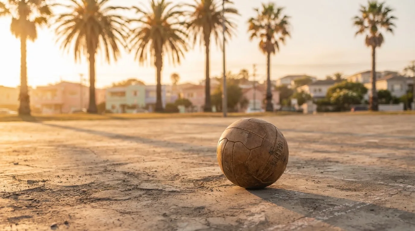 Ein Fußball liegt auf einem staubigen Bolzplatz mit Palmen im Hintergrund in warmem Abendlicht.