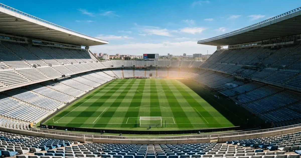 Ein Fußballstadion mit hellen Rängen unter strahlend blauem Himmel, davor ein sonnenbeschienener Rasen mit frisch gemähten Streifen.