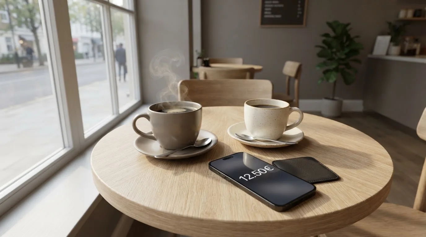 Zwei Kaffeetassen und ein dunkles Smartphone stehen auf einem Café-Tisch am Fenster im Morgenlicht.