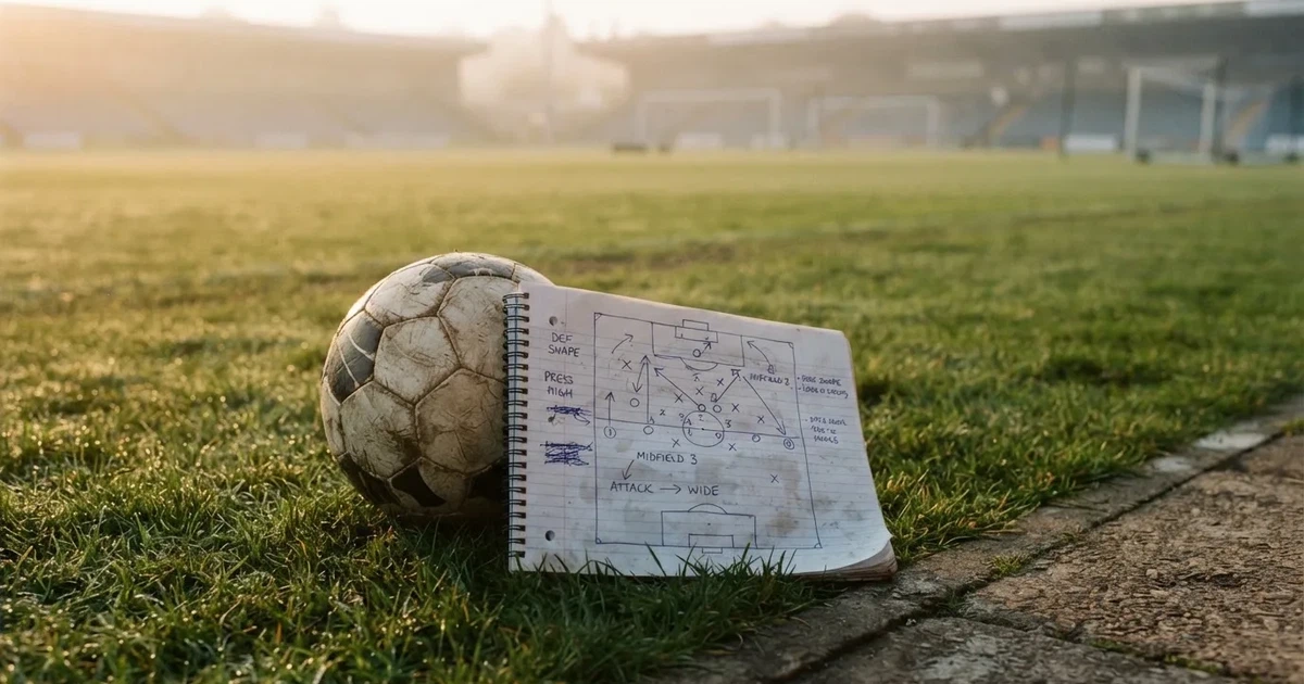 Ein Fußball und ein Notizblock mit handgezeichneten Pfeilen und Kreisen liegen an einer Rasenkante im Morgenlicht.