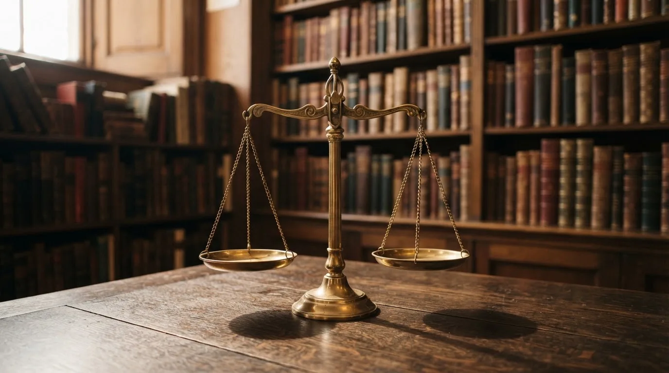 Eine Messingwaage steht auf einem dunklen Holztisch, dahinter eine unscharfe Regalwand mit geschlossenen Büchern.