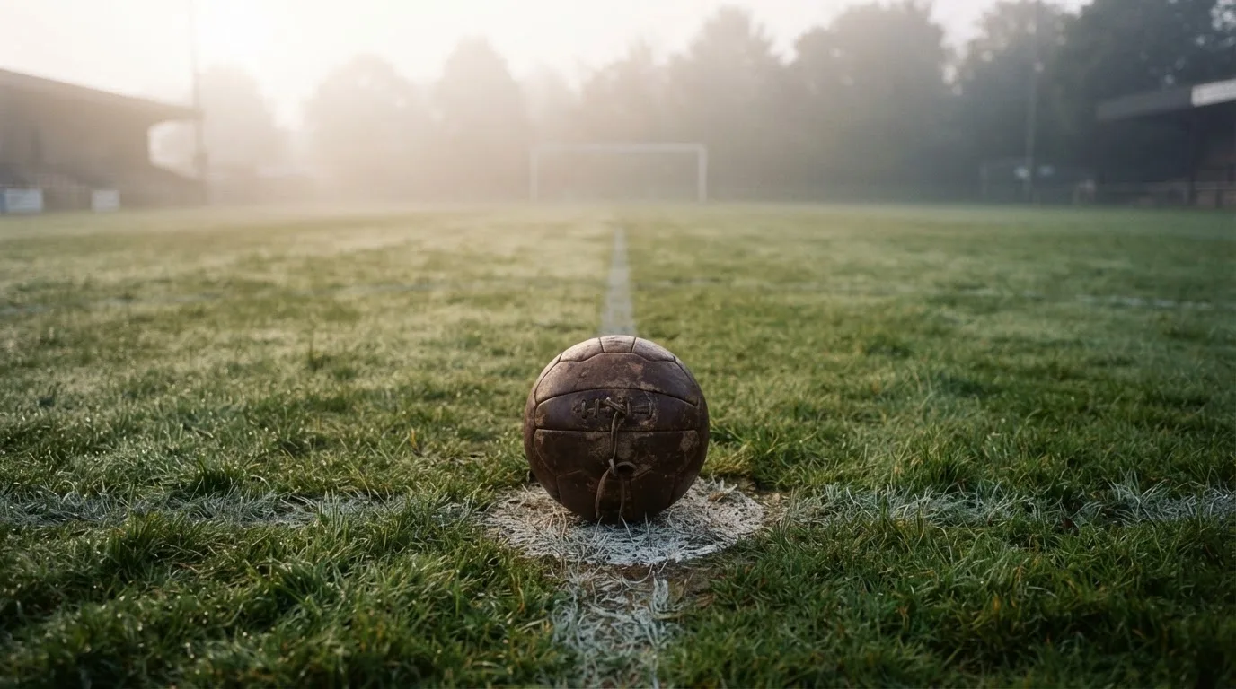 Ein abgewetzter Fußball liegt auf dem Anstoßkreis eines Naturrasens im Morgennebel.