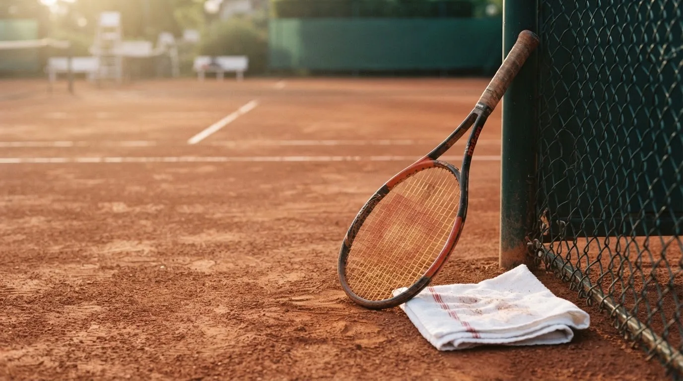 Ein Tennisschläger lehnt an einer dunkelgrünen Bande ohne Aufschrift auf einem Sandplatz, daneben liegt ein Handtuch.
