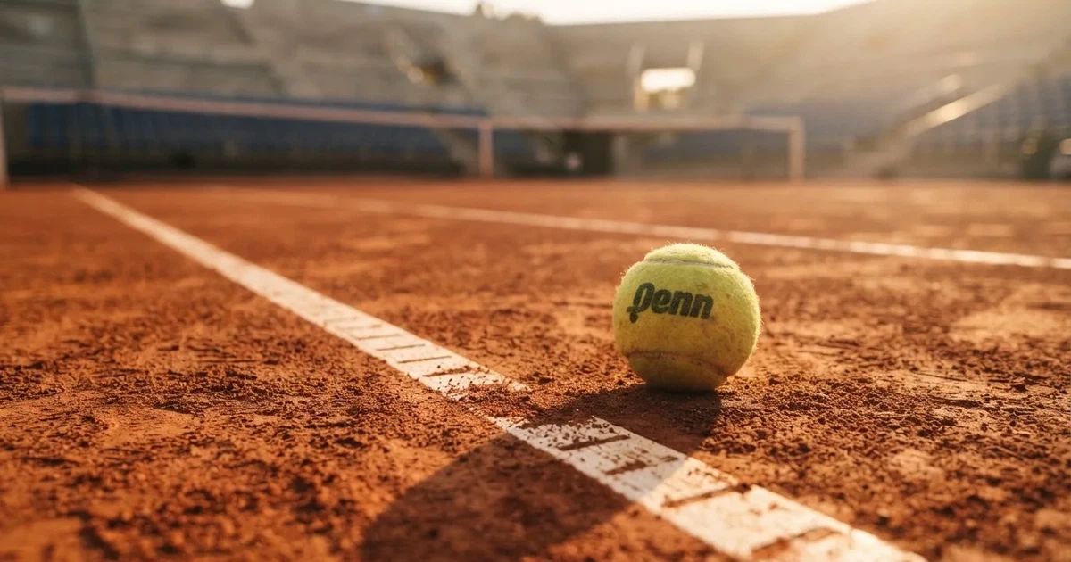 Ein Sandplatz mit rötlichem Belag und gezogenen weißen Linien, ein einzelner Tennisball liegt neben der Linie, im Hintergrund eine leere Tribüne.