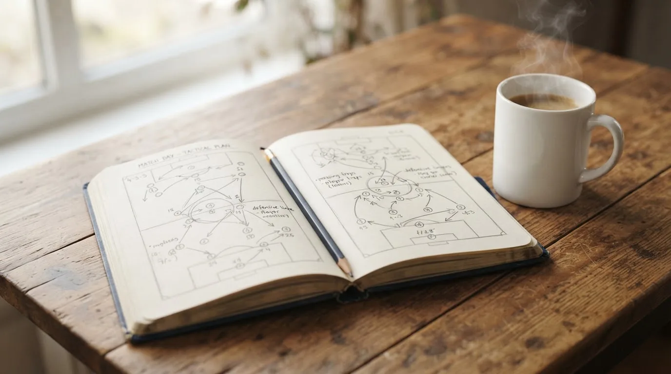 Ein aufgeschlagenes Notizbuch mit handschriftlichen Skizzen liegt neben einem Bleistift auf einem Holztisch, daneben eine Tasse Kaffee.