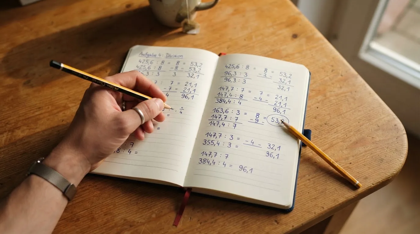 Ein Taschenrechner und ein Bleistift liegen auf einem Schreibtisch neben einem aufgeschlagenen Notizbuch mit handschriftlichen Zahlenreihen.