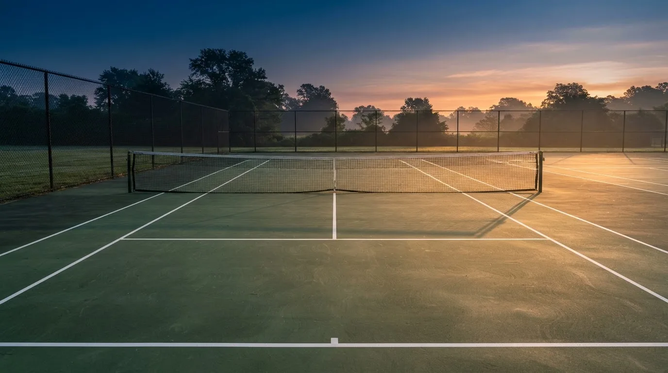 Ein Tennisplatz bei Sonnenaufgang, Netz und Grundlinien im weichen Licht, niemand ist zu sehen.