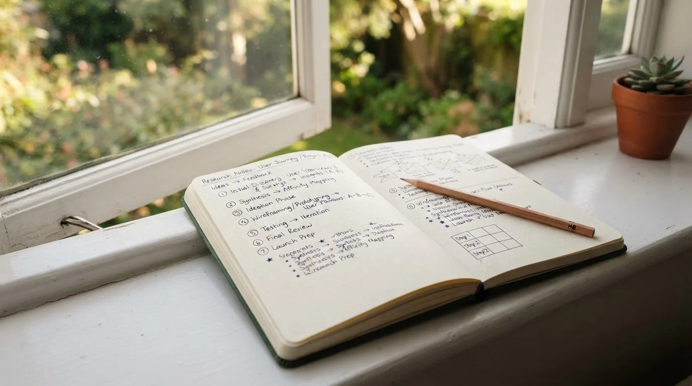 Ein aufgeschlagenes Notizbuch mit handschriftlichen Skizzen und ein Bleistift liegen auf einer Fensterbank im Tageslicht.