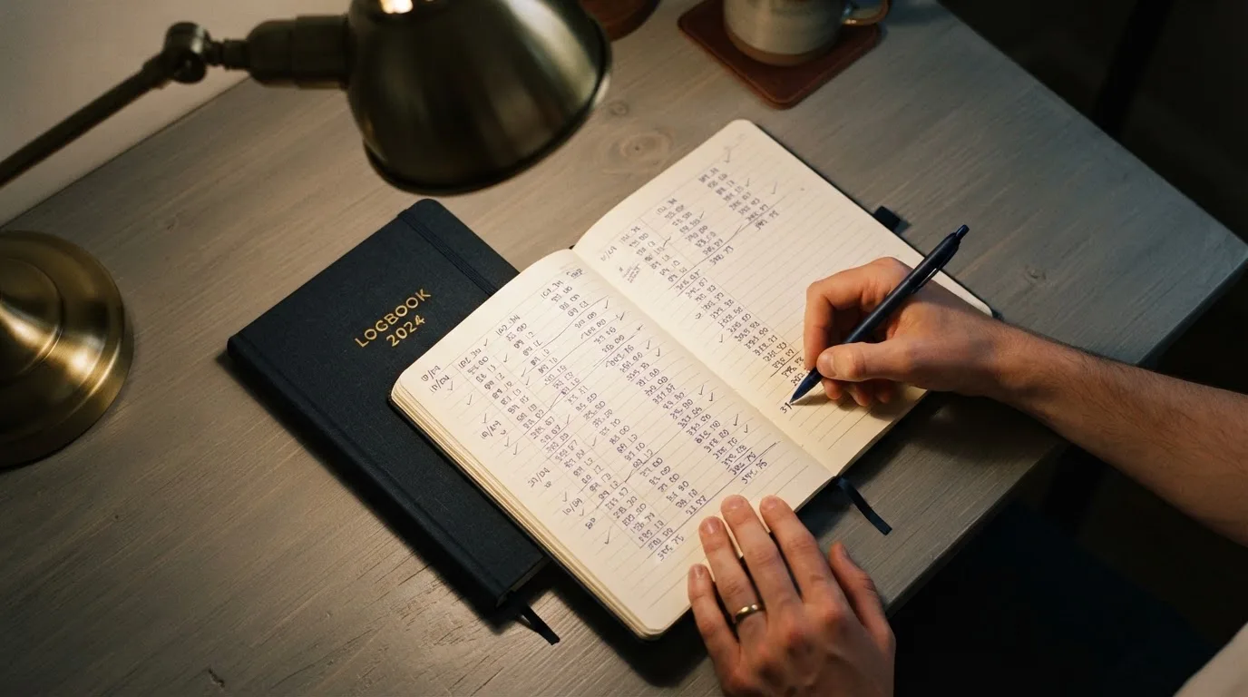 Ein Taschenrechner und ein Notizbuch mit handschriftlichen Zahlenreihen liegen auf einem Schreibtisch unter einer Lampe.