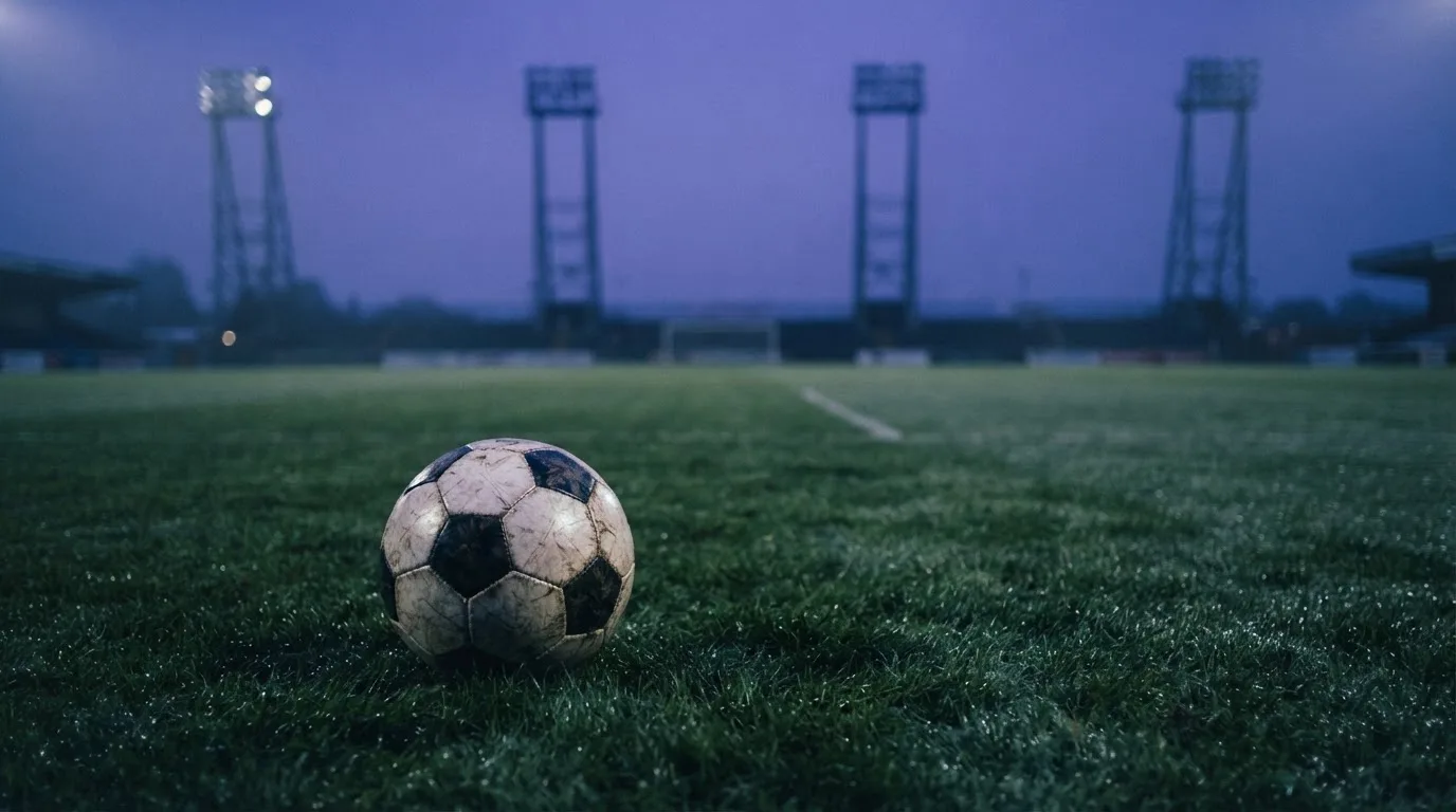 Ein Fußball liegt im Gras eines leeren Platzes, im Hintergrund stehen Flutlichtmasten in der Dämmerung.