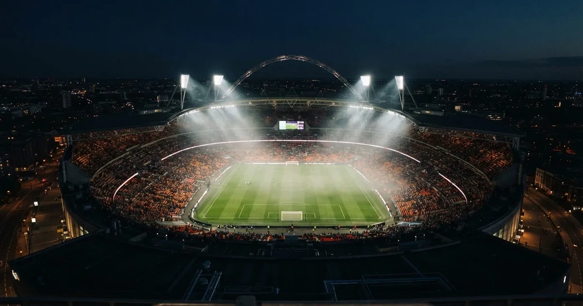 Ein leeres Stadion unter Flutlicht aus großer Entfernung gesehen, Dunst liegt über dem Rasen, die Tribünen sind nur als Lichtpunkte erkennbar.
