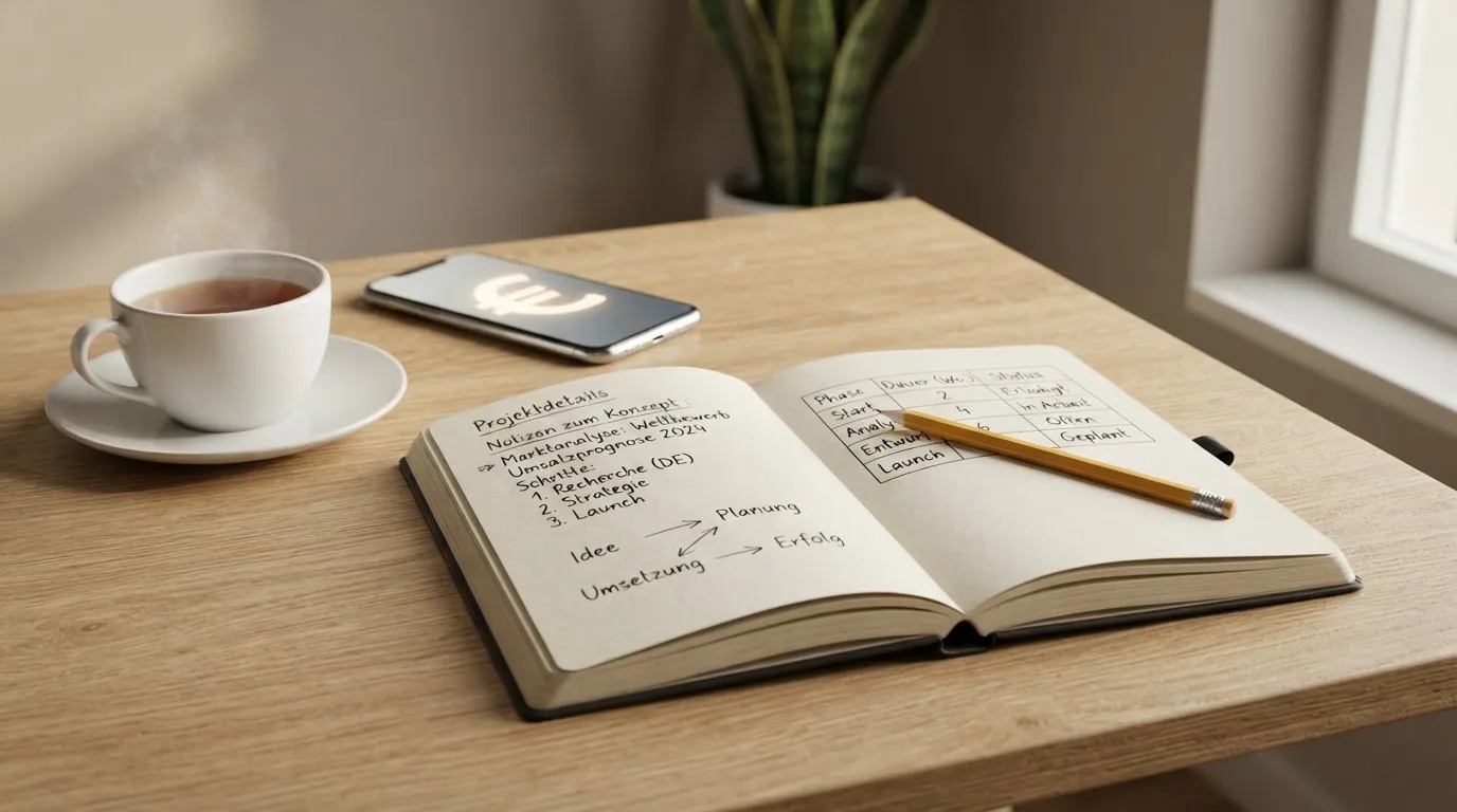 Ein aufgeschlagenes Notizbuch mit handschriftlichen Skizzen und ein Bleistift liegen auf einem Schreibtisch neben einer Tasse Tee.