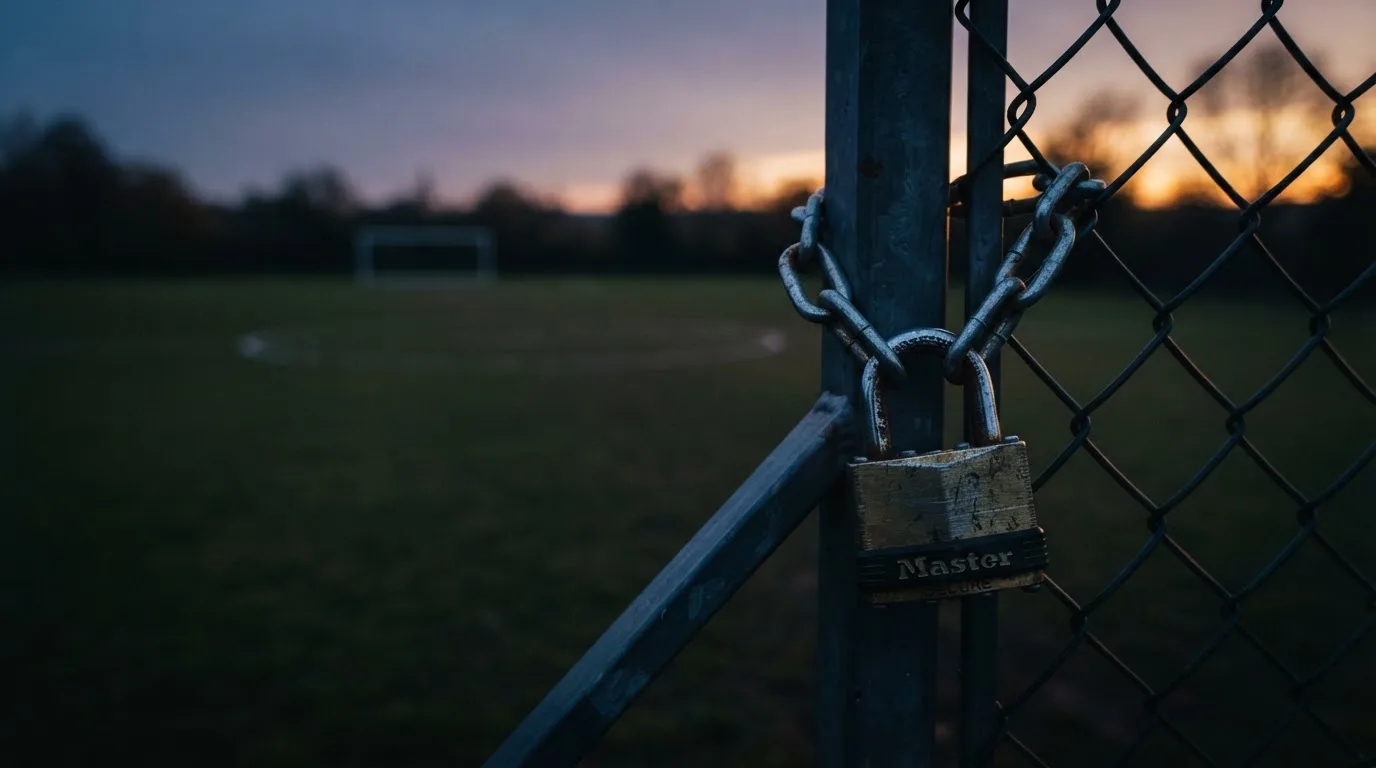 Ein Vorhängeschloss hängt an einem Metalltor in der Dämmerung, im Hintergrund unscharf ein leerer Fußballplatz.