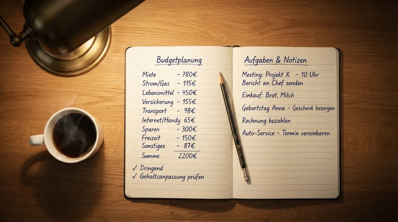 Ein Taschenrechner und ein Bleistift liegen auf einem Schreibtisch neben einer Tasse Kaffee im Licht einer Lampe.