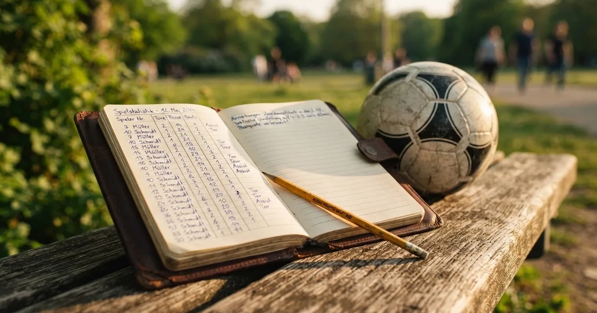 Ein Notizbuch mit handschriftlichen Zahlenkolonnen und ein Bleistift liegen neben einem Fußball auf einer Holzbank.