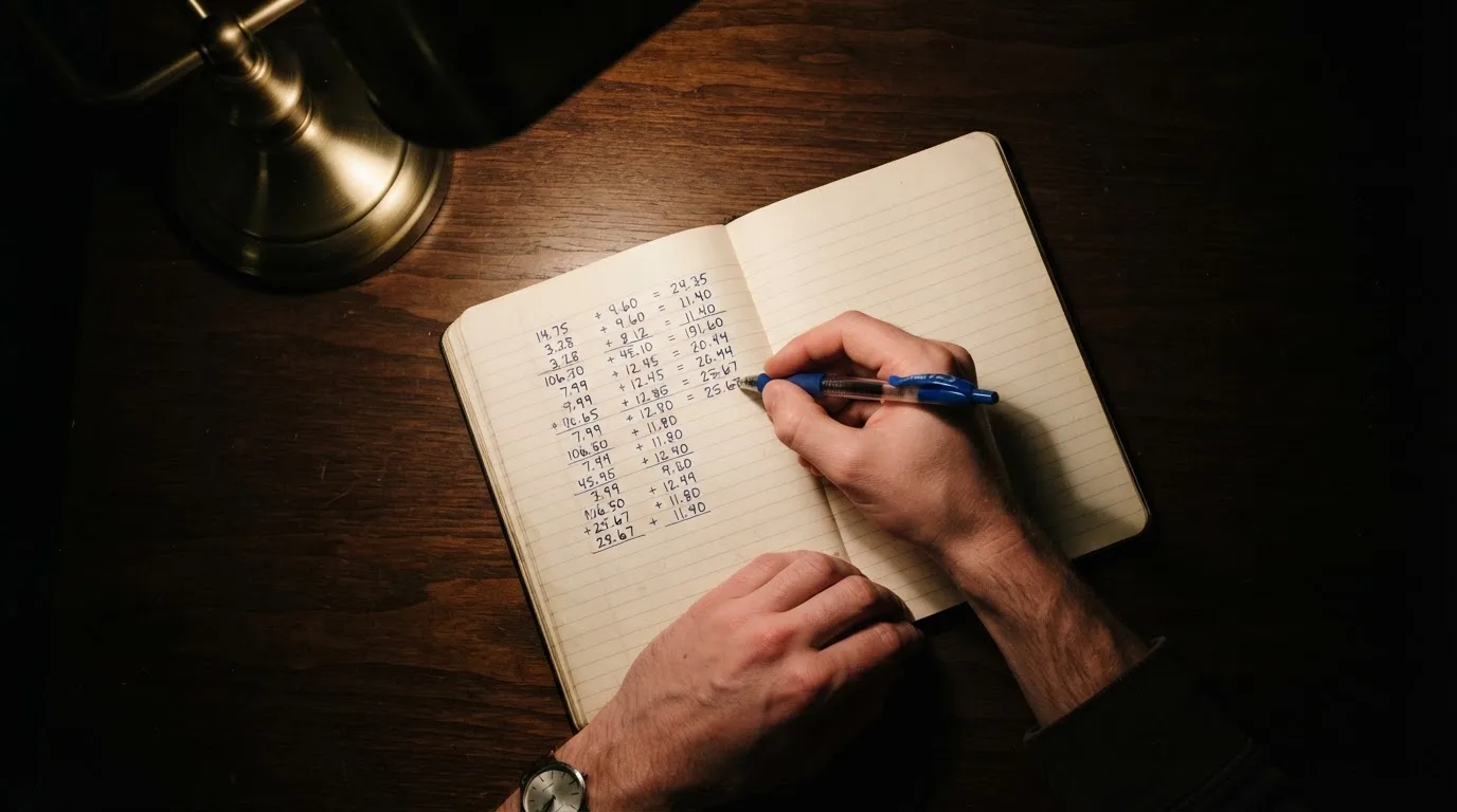 Ein Taschenrechner und ein aufgeschlagenes Notizbuch mit handschriftlichen Zahlenreihen liegen unter einer Schreibtischlampe.