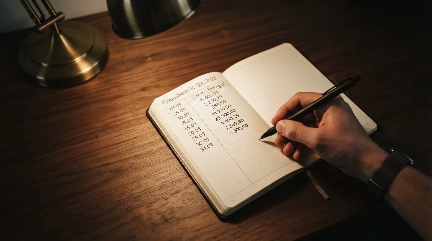 Ein Taschenrechner und ein aufgeschlagenes Notizbuch mit handschriftlichen Zahlenreihen liegen unter einer Schreibtischlampe.