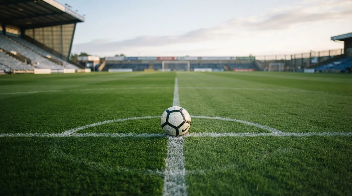 Ein Fußball liegt allein auf dem Anstoßpunkt eines leeren Rasenplatzes im Morgenlicht, am Rand ein niedriger Zaun.