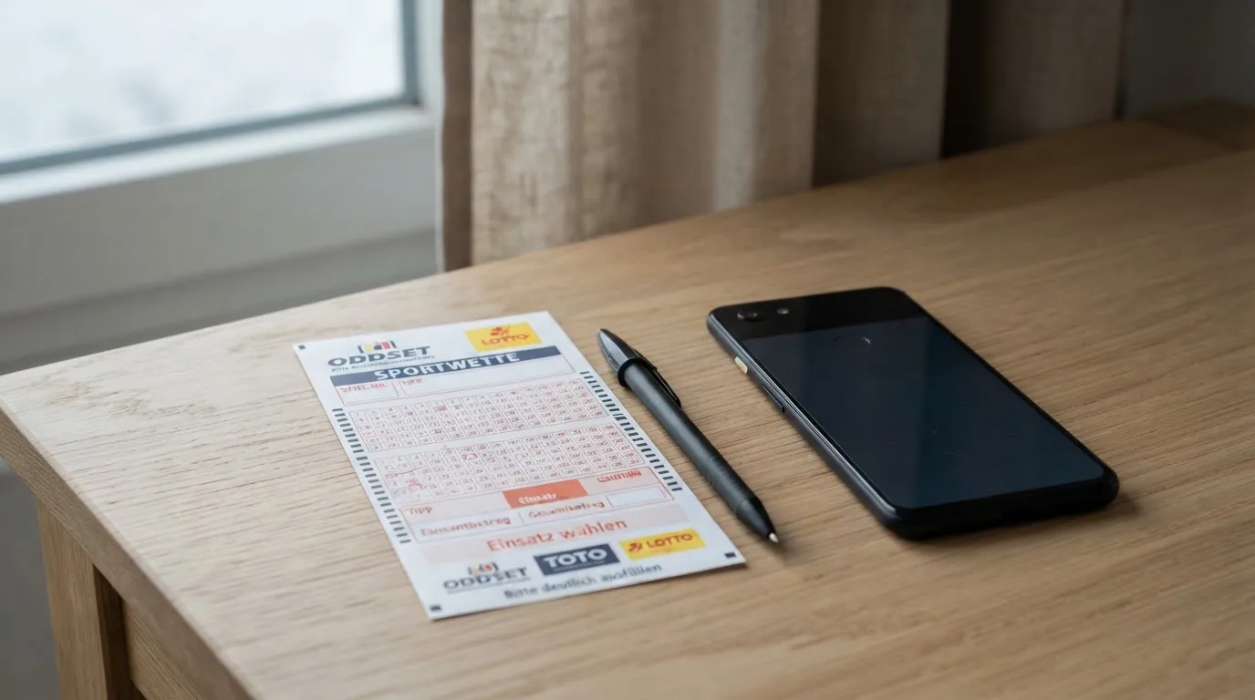 Ein leerer Papier-Wettschein und ein Kugelschreiber liegen neben einem Smartphone mit dunklem Display auf einem Tisch am Fenster.