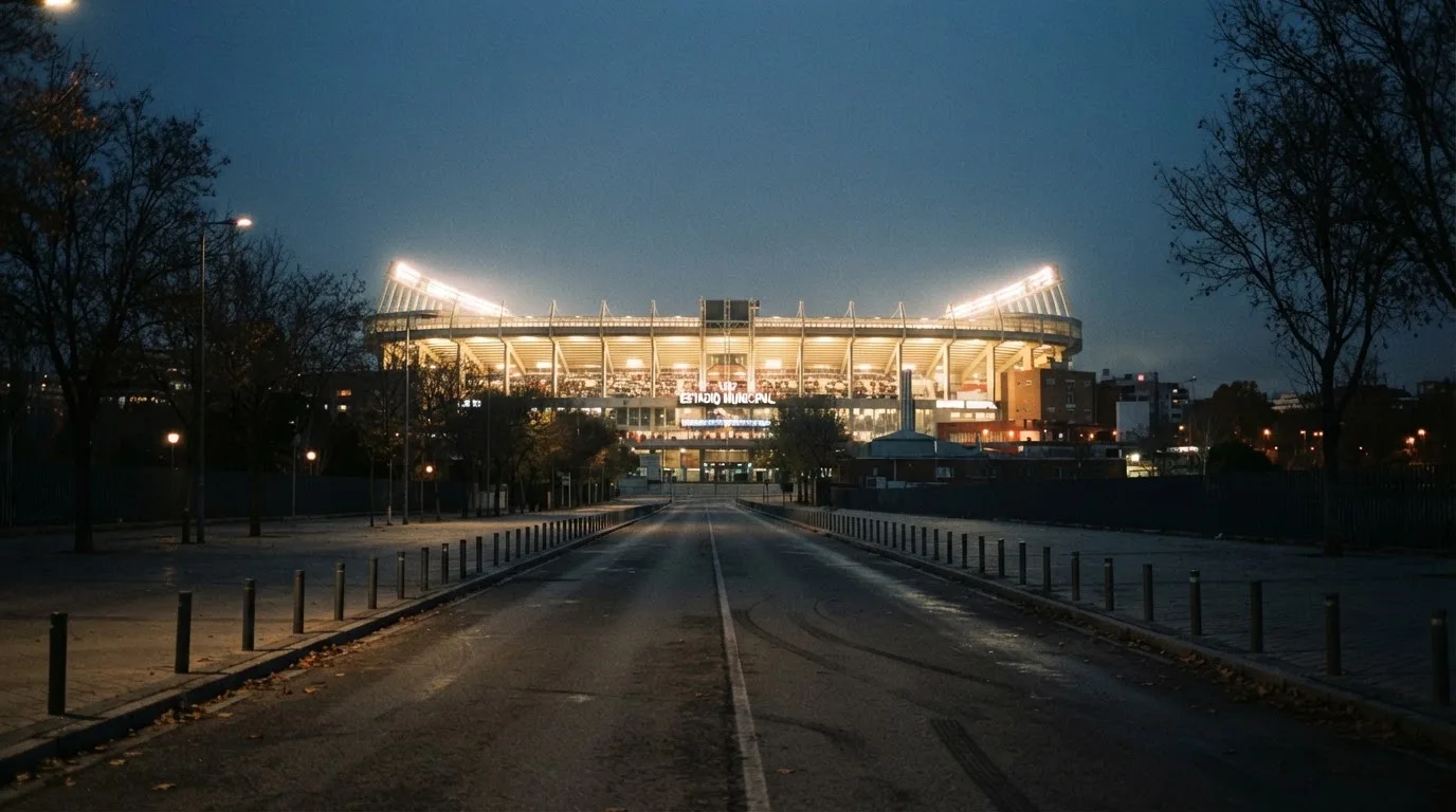 Ein Stadion unter Flutlicht aus der Ferne gesehen, davor eine leere Straße in der Abenddämmerung mit leichtem Dunst.