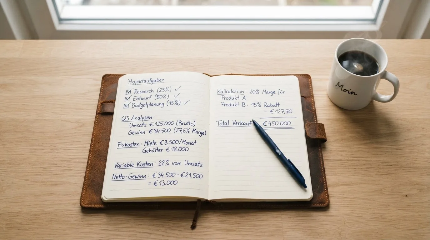 Ein Notizbuch mit handschriftlichen Rechnungen und ein Taschenrechner liegen auf einem hellen Schreibtisch neben einer Kaffeetasse.
