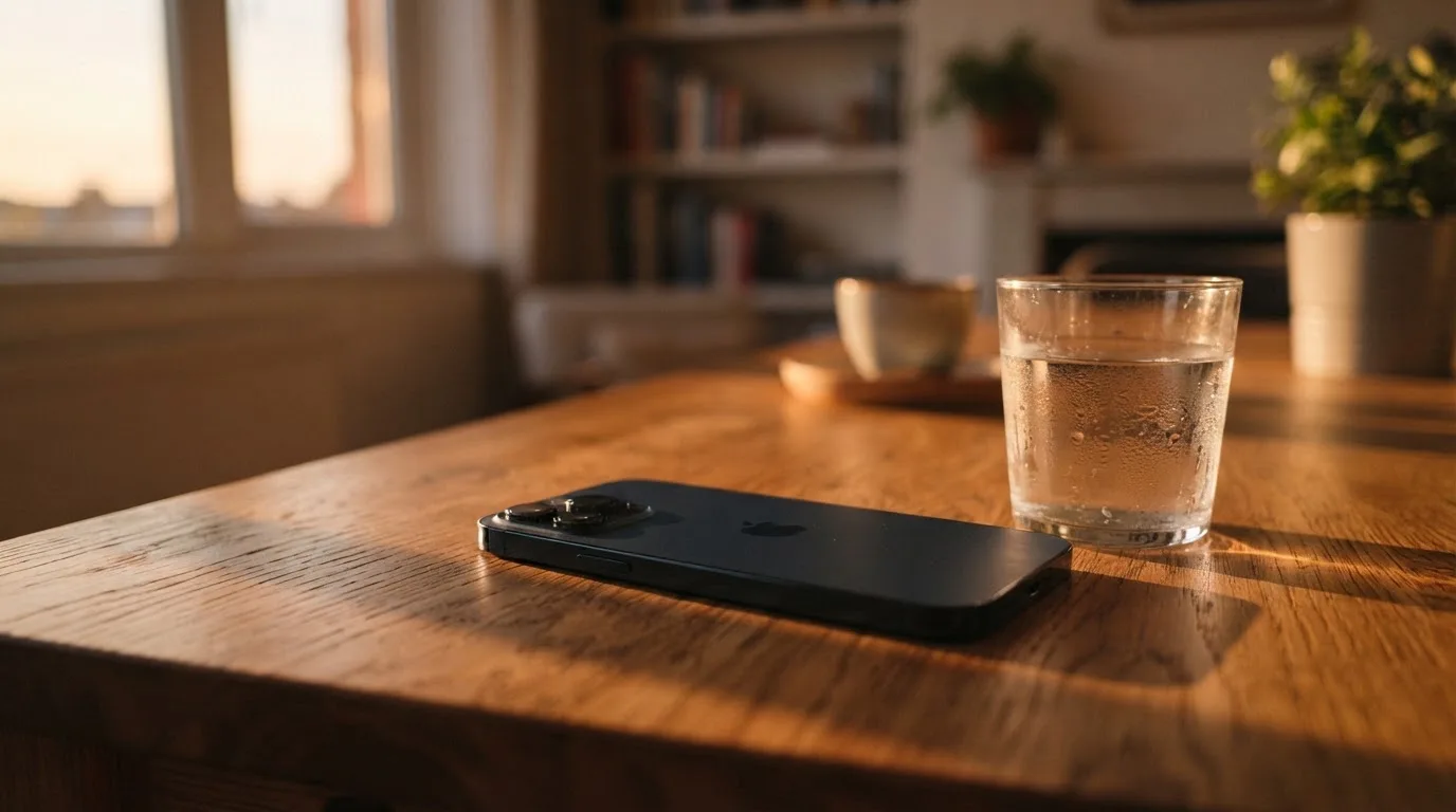 Ein Smartphone liegt mit dem Display nach unten auf einem Holztisch neben einem Glas Wasser, Abendlicht fällt durch ein Fenster.