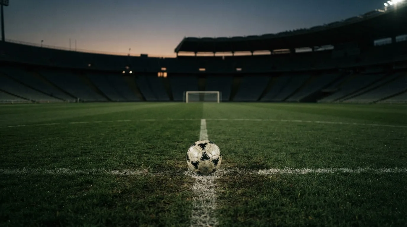 Ein Fußball liegt auf dem Anstoßpunkt eines leeren Rasenplatzes, dahinter ragen dunkle Ränge in den Abendhimmel.