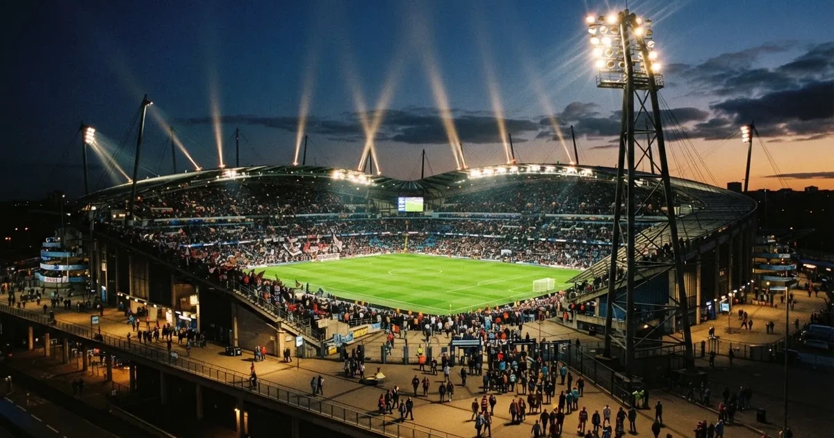Ein Fußballstadion am Abend unter Flutlicht aus der Ferne gesehen, die Tribünen sind leicht beleuchtet und der Himmel dunkelblau.