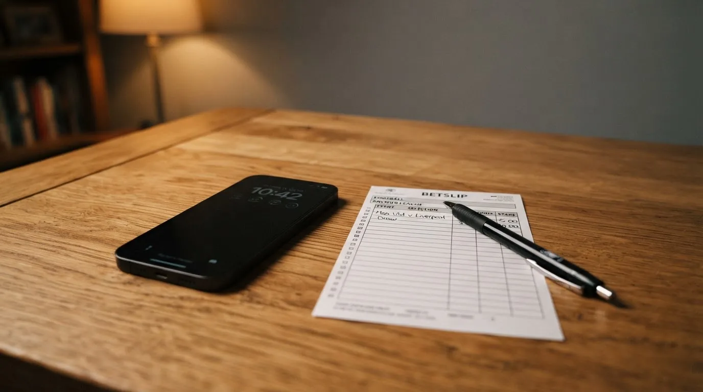 Ein Smartphone mit dunklem Display liegt neben einem leeren Papier-Wettschein und einem Stift auf einem Holztisch.