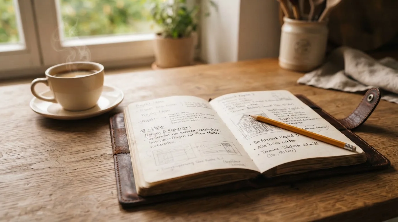 Ein Notizbuch mit handschriftlichen Notizen und einem Bleistift liegt auf einem Tisch, daneben steht eine Kaffeetasse im Morgenlicht.