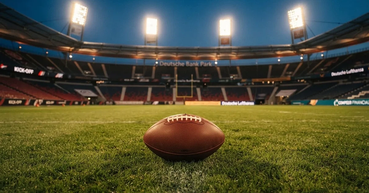 Ein American-Football-Ball liegt auf einem Rasenplatz unter Flutlicht, im Hintergrund eine große Tribüne in der Dämmerung.