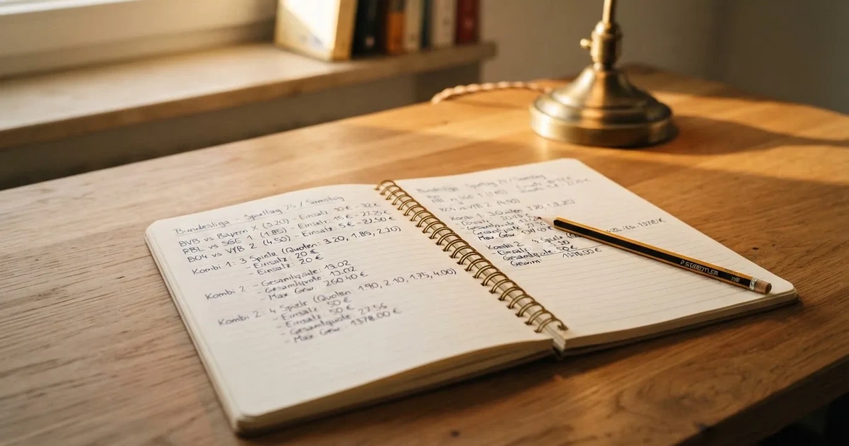Ein Notizbuch mit handschriftlichen Notizen und einem Bleistift liegt neben einem Taschenrechner auf einem aufgeräumten Schreibtisch.