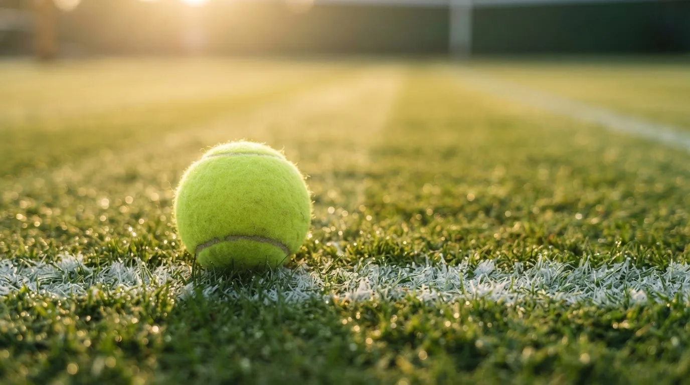 Ein Tennisball liegt auf frisch gemähtem Gras neben einer weißen Linie, Tautropfen glänzen im Gegenlicht.