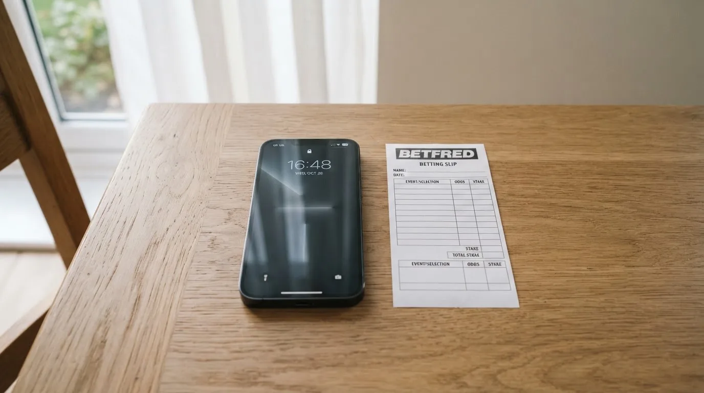 Ein Smartphone mit dunklem Display liegt neben einem leeren Papier-Wettschein auf einem Tisch am Fenster.
