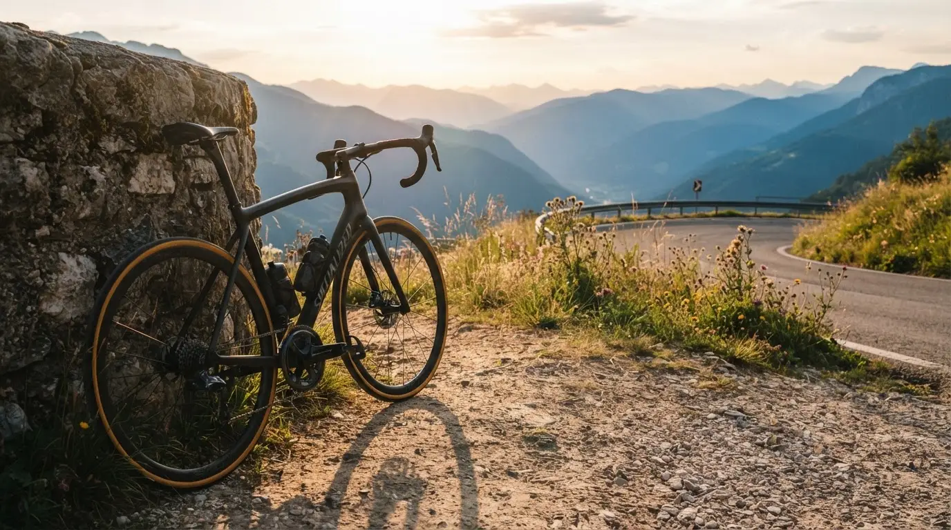 Ein Rennrad lehnt an einer Steinmauer in einer Bergkurve, im Hintergrund eine weite Hügellandschaft im Gegenlicht.