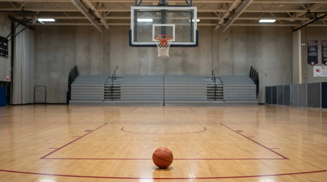 Ein Basketballkorb in einer leeren Halle, der Ball liegt unter dem Brett auf dem Parkett.