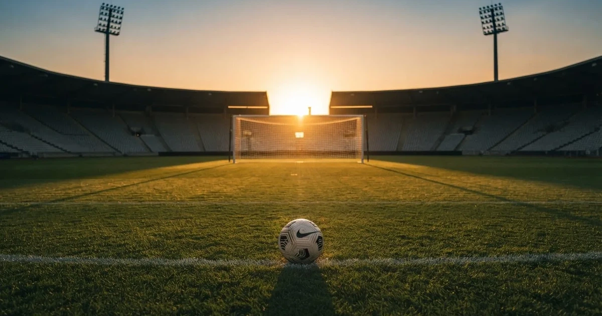 Ein Fußballtor mit Netz im Gegenlicht auf einem leeren Platz am Abend, davor ein Ball auf dem Rasen.