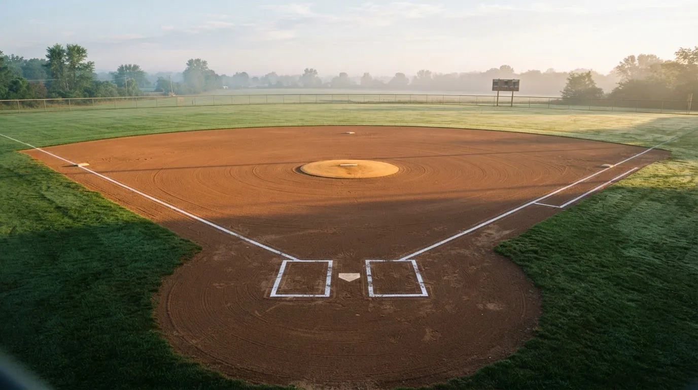 Ein Baseballfeld mit leerem Infield im Morgenlicht, die Linien frisch gezogen, keine Spieler im Bild.